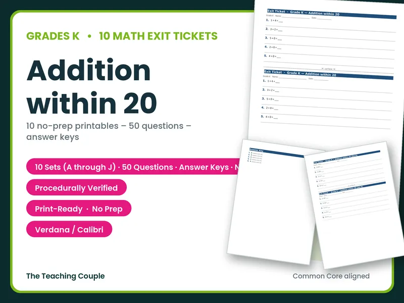 10 Math Exit Tickets | Grade K | Addition within 20 | 50 Questions