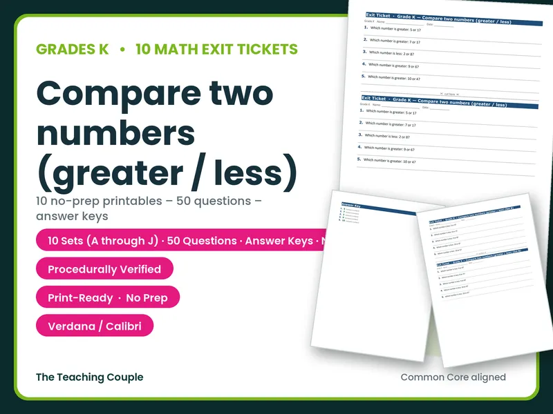 10 Math Exit Tickets | Grade K | Compare two numbers (greater / less) | 50 Qs