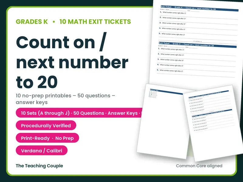 10 Math Exit Tickets | Grade K | Count on / next number to 20 | 50 Qs