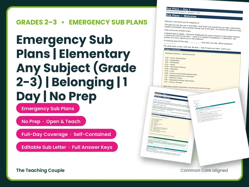 Emergency Sub Plans | Elementary Any Subject (Grade 2-3) | Belonging | 1 Day