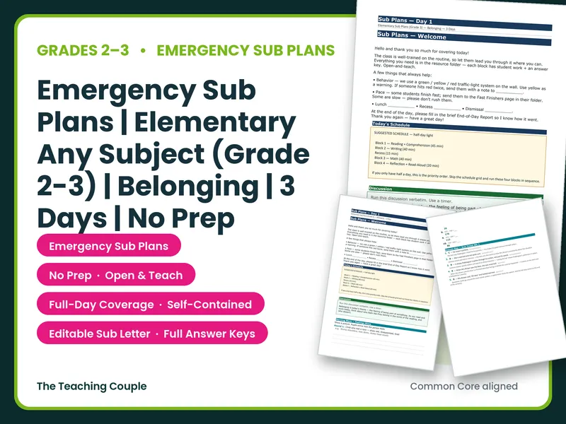Emergency Sub Plans | Elementary Any Subject (Grade 2-3) | Belonging | 3 Days