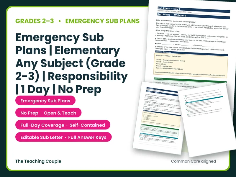 Emergency Sub Plans | Elementary Any Subject (Grade 2-… | Responsibility | 1 Day