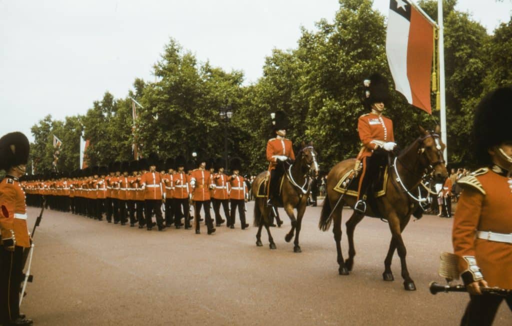 people in red and black uniform riding horses during daytime by the queen