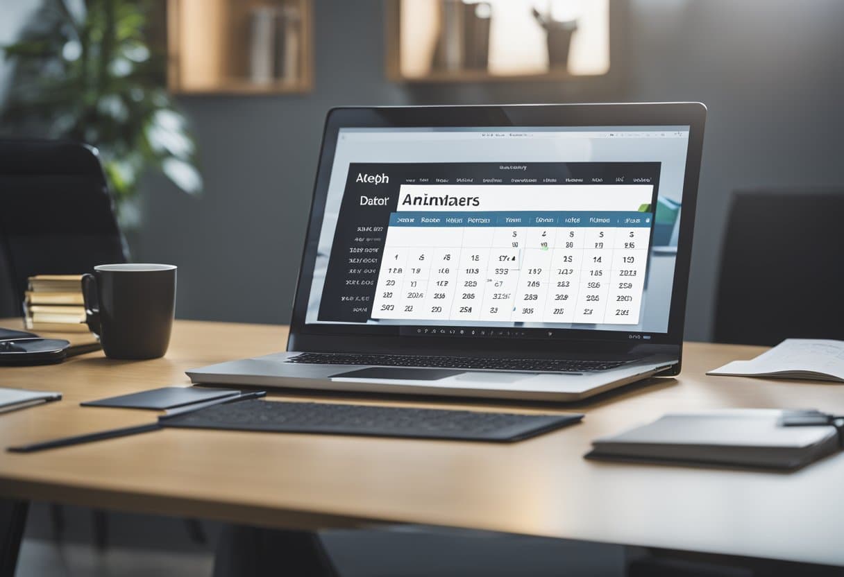 A desk with a laptop, SAT study materials, and a calendar showing test dates