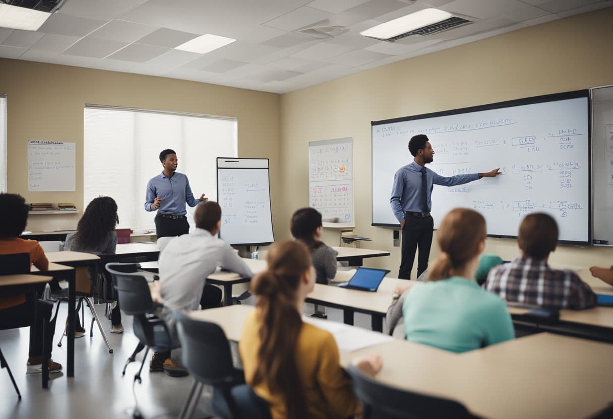 A classroom with a whiteboard filled with graphs and equations, students engaged in group discussions, and a teacher using visual aids to explain mathematical concepts