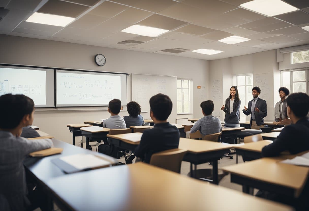 A classroom with a whiteboard filled with mathematical equations and diagrams, surrounded by eager students raising their hands to ask questions