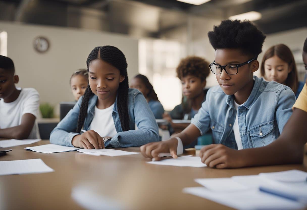 A group of students work on challenging math problems, using various strategies and tools to solve them. The teacher guides and encourages them, fostering critical thinking and problem-solving skills