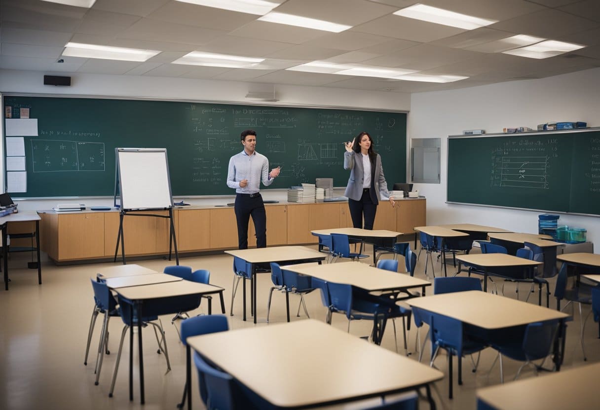 A classroom with geometric shapes, rulers, and protractors on desks. Charts and graphs on the walls. A teacher at the front explaining math concepts to students