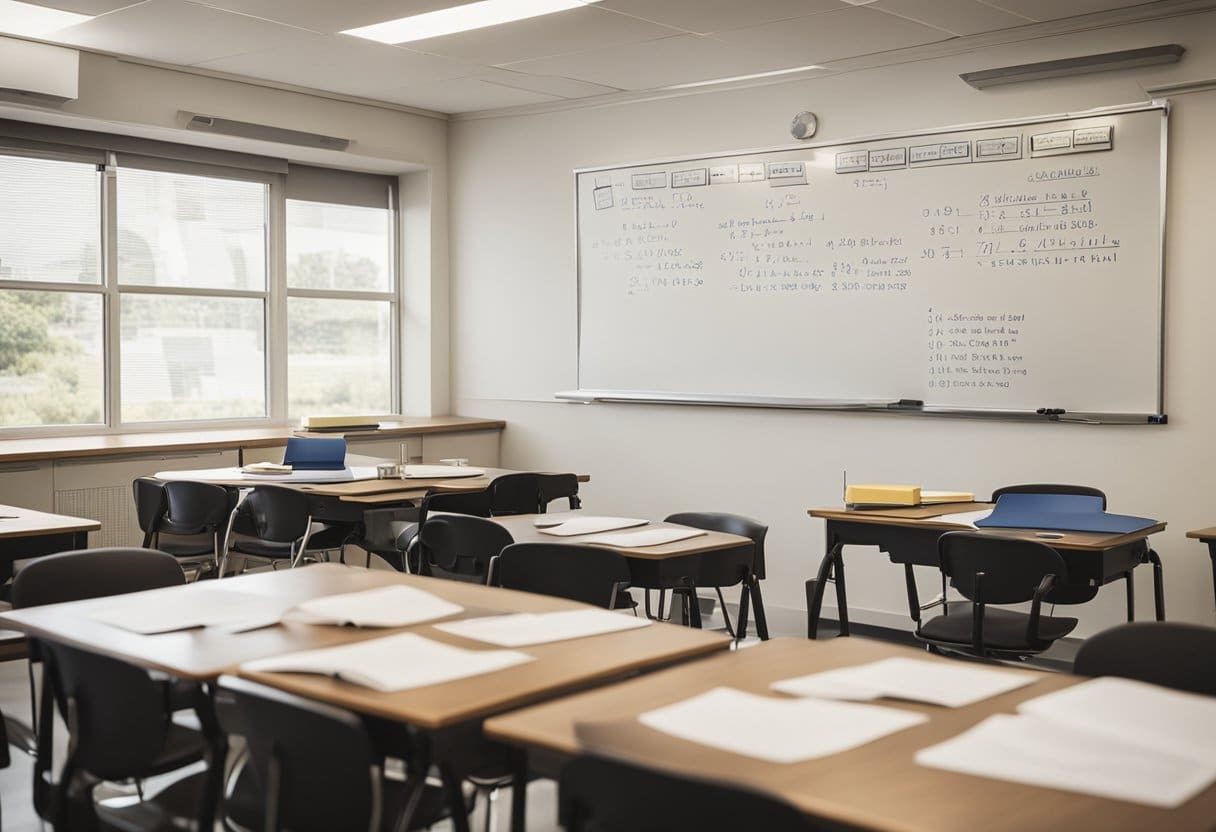 A classroom with a whiteboard displaying advanced math equations and graphs, surrounded by textbooks and educational resources on teaching Year Twelve Maths