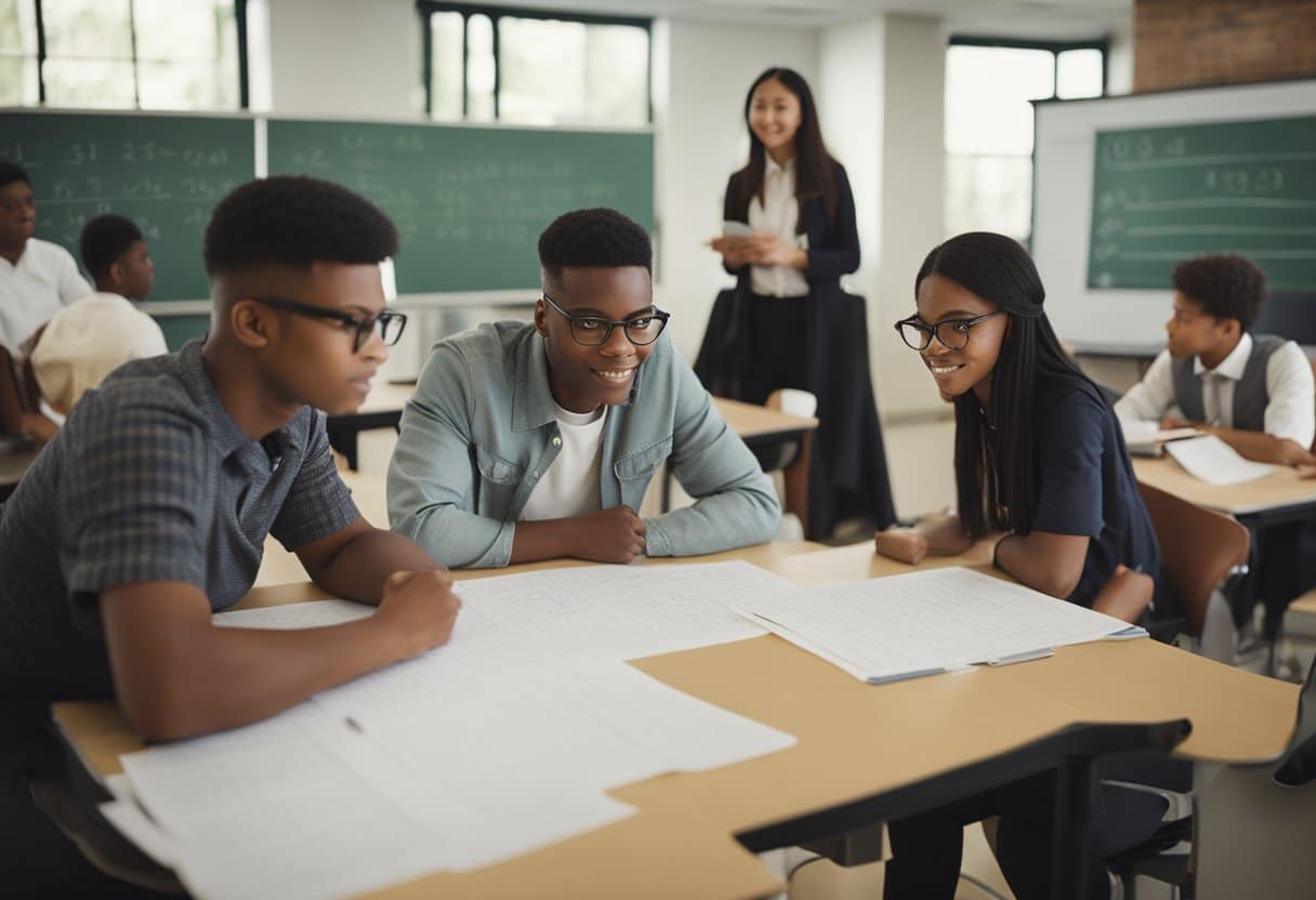 A classroom with complex equations on the board, students engaged in group discussions, and the teacher using visual aids to explain advanced math concepts