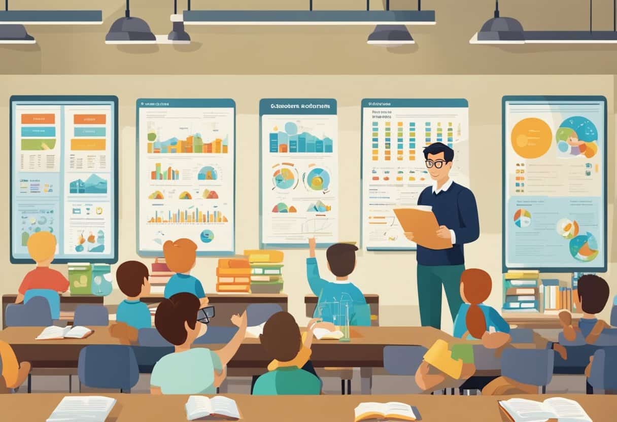 A classroom with colorful posters and books on basic science concepts, a teacher explaining simple experiments, and children engaged in hands-on activities