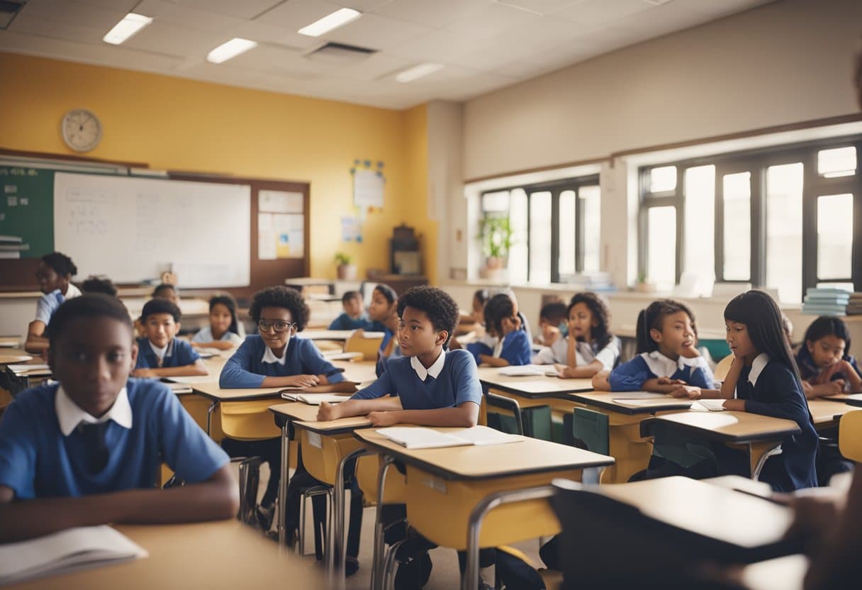 Students gather in a classroom with supportive teachers offering intervention post-SATs. Books and study materials are laid out on desks