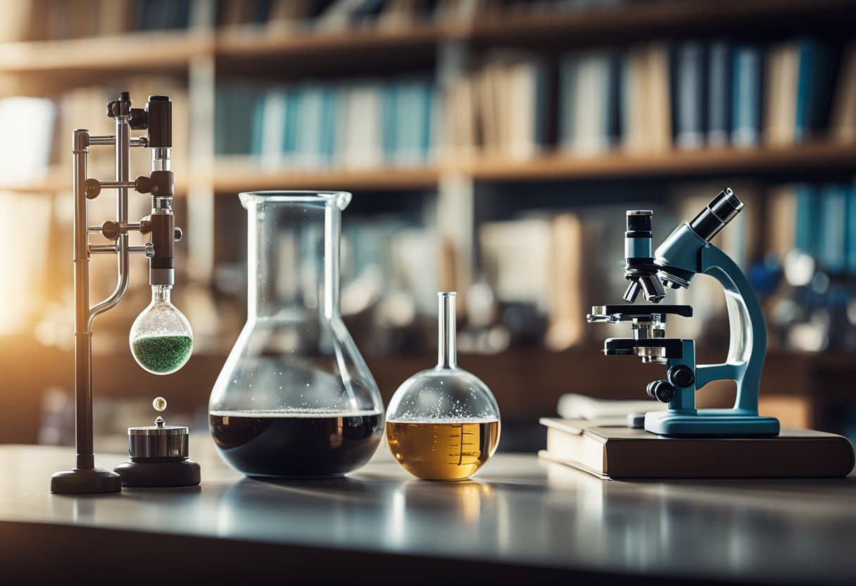A classroom with biology, chemistry, and physics textbooks on a desk. Beakers, microscopes, and models of atoms are displayed on shelves