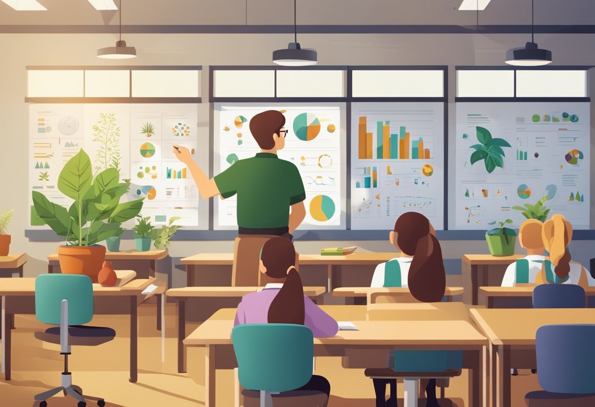 A classroom with colorful posters, microscopes, and beakers on desks. A teacher pointing to a whiteboard with diagrams of plants and animals