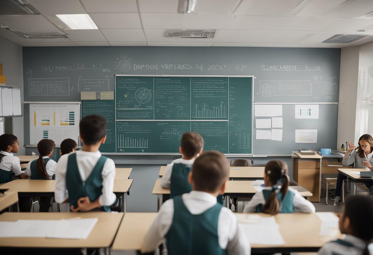 A classroom with young students engaged in hands-on experiments, charts and diagrams on the walls, and a teacher demonstrating simple scientific concepts
