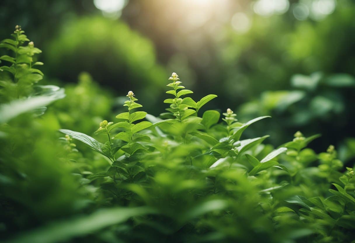 Lush green plants and small creatures thriving in a diverse ecosystem, with signs of growth and survival