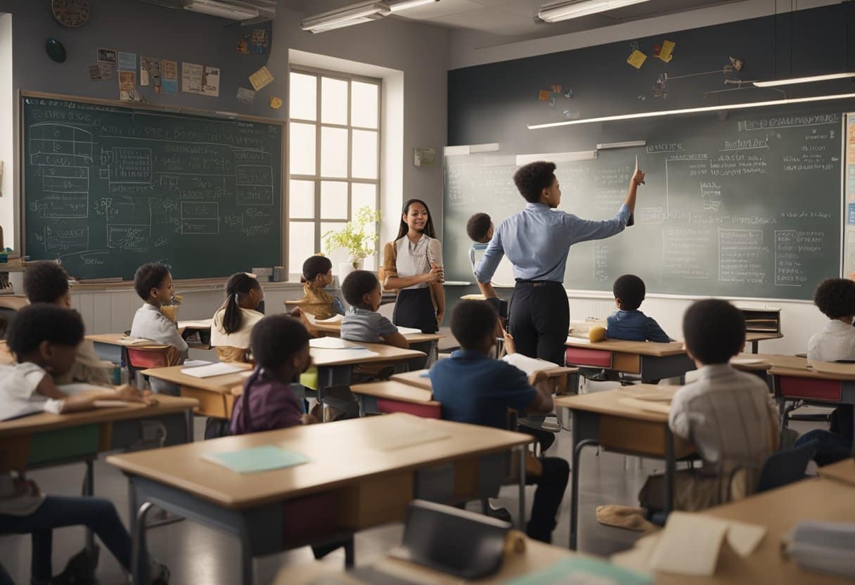 In a classroom, young students sit at desks, surrounded by colorful posters and educational materials. The teacher stands at the front, pointing to a chalkboard filled with diagrams and equations