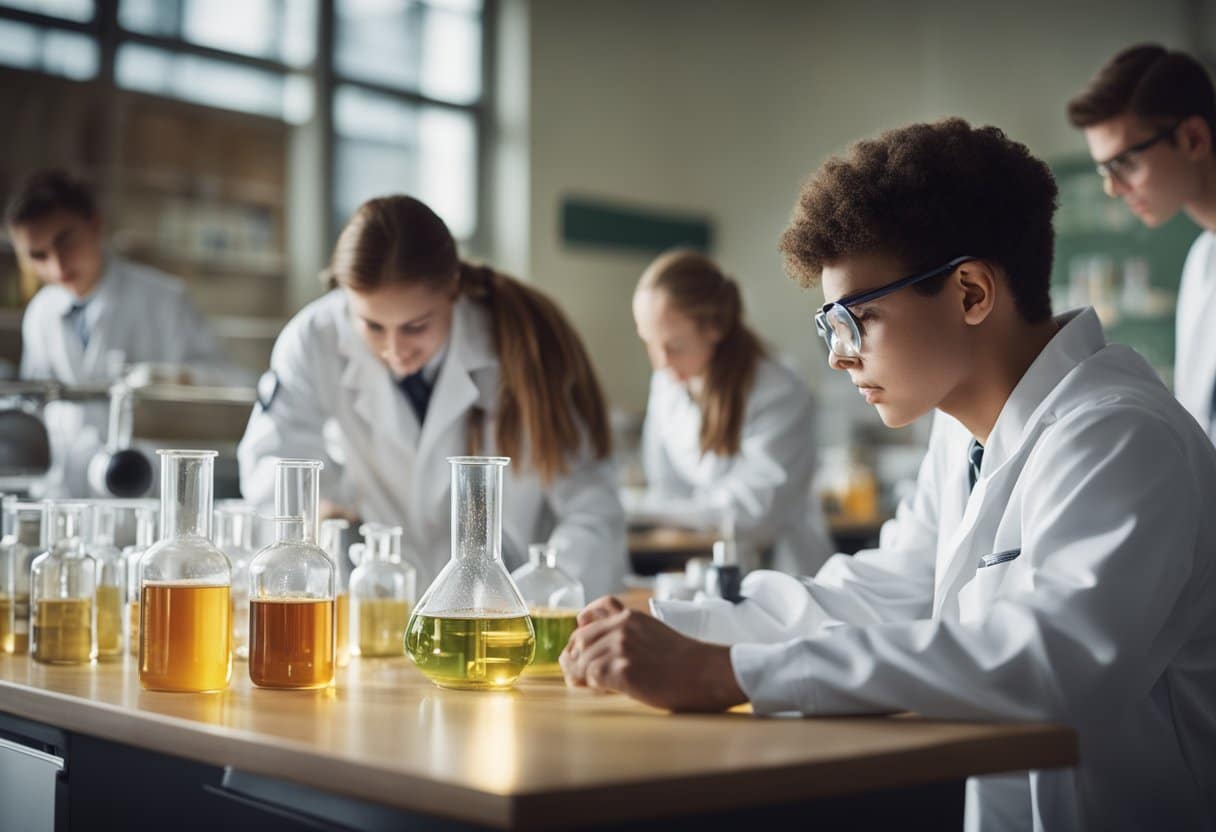 A classroom scene with students conducting experiments, using beakers, and observing physical processes like mixing, heating, and cooling