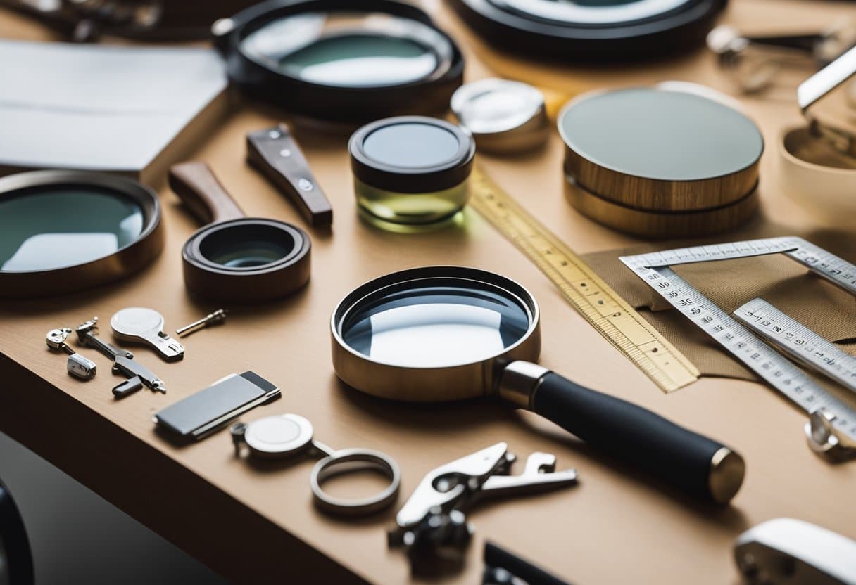 A table with various materials like wood, metal, plastic, and fabric. A magnifying glass and ruler are nearby for examination