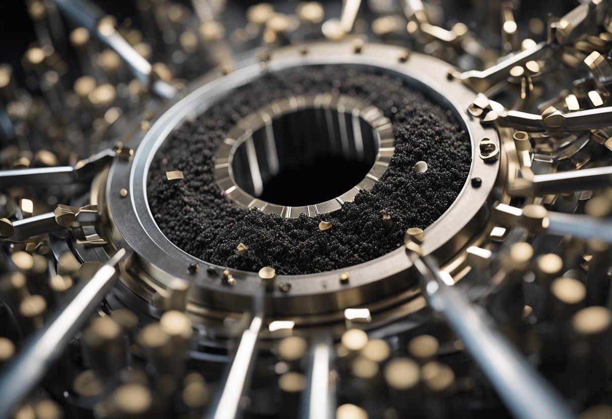 A magnet attracts a group of iron filings, forming a cluster around it. A force meter measures the strength of the attraction