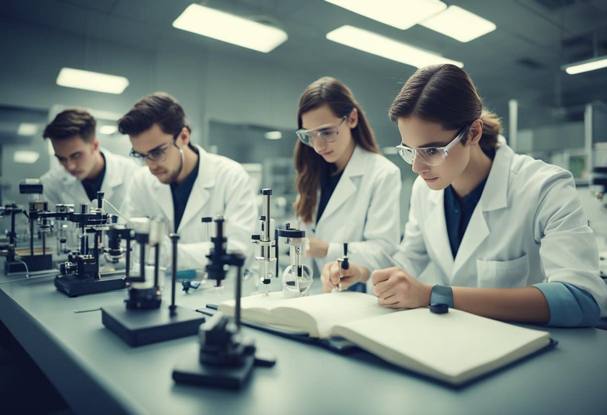 A group of students conducting experiments with various scientific instruments and recording their observations in a lab notebook