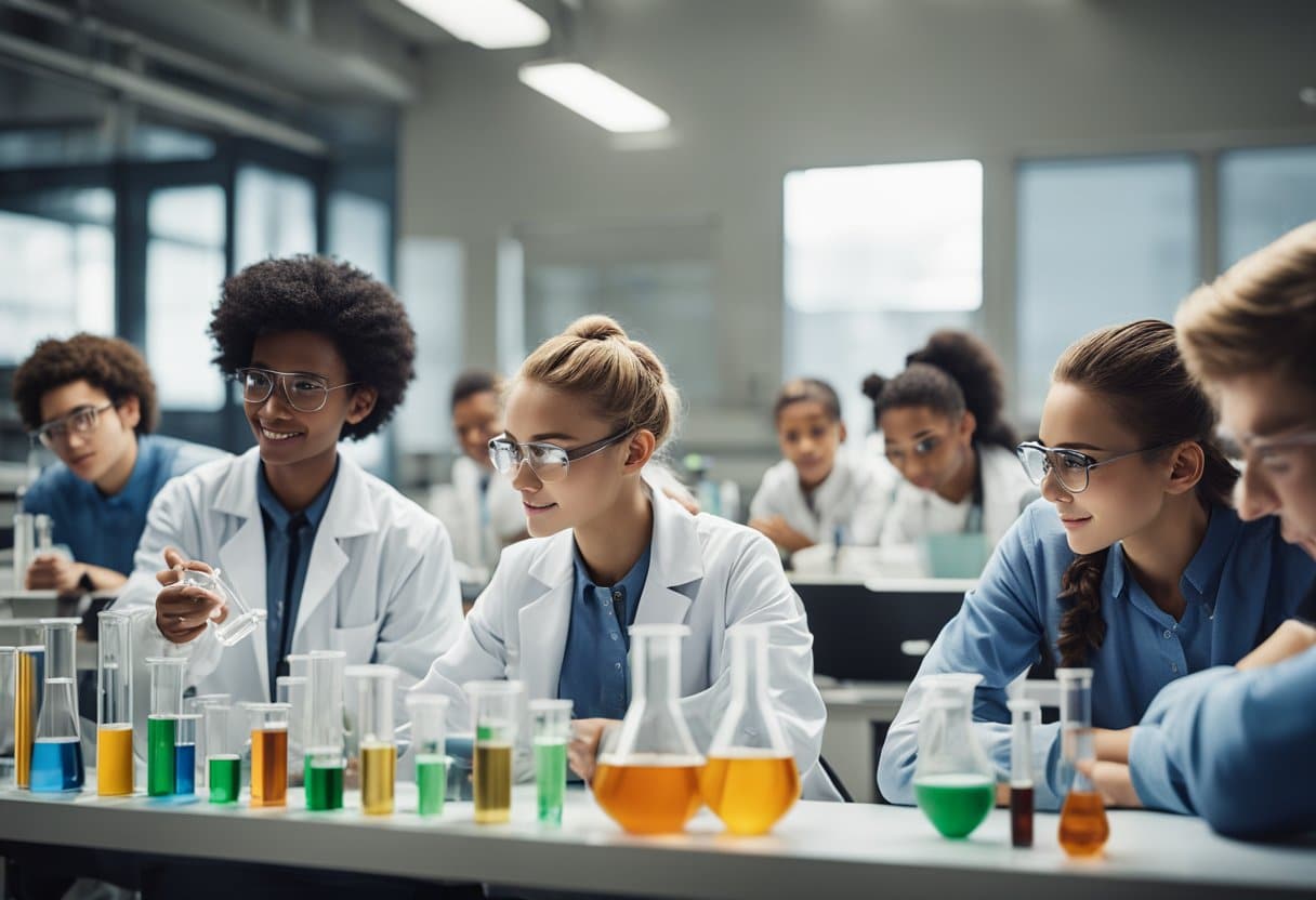 A group of students in a classroom conducting experiments, using beakers, test tubes, and microscopes. Charts and diagrams on the walls show various scientific concepts