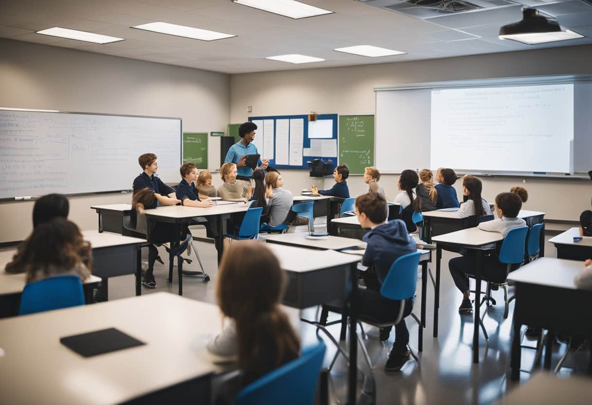 A classroom with a whiteboard displaying various science topics, textbooks open on desks, and students engaged in group discussions and experiments