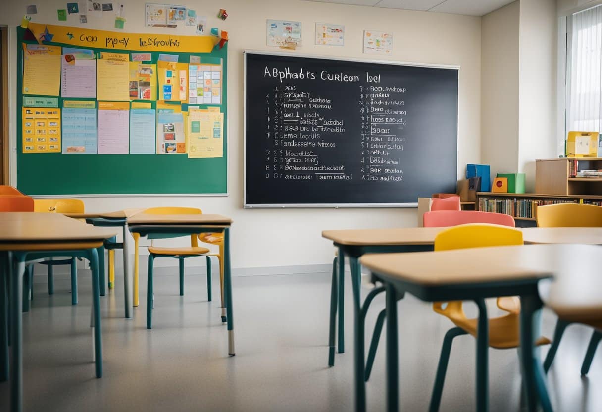 A classroom with alphabet posters, a whiteboard with spelling rules, and children's work displayed on the walls