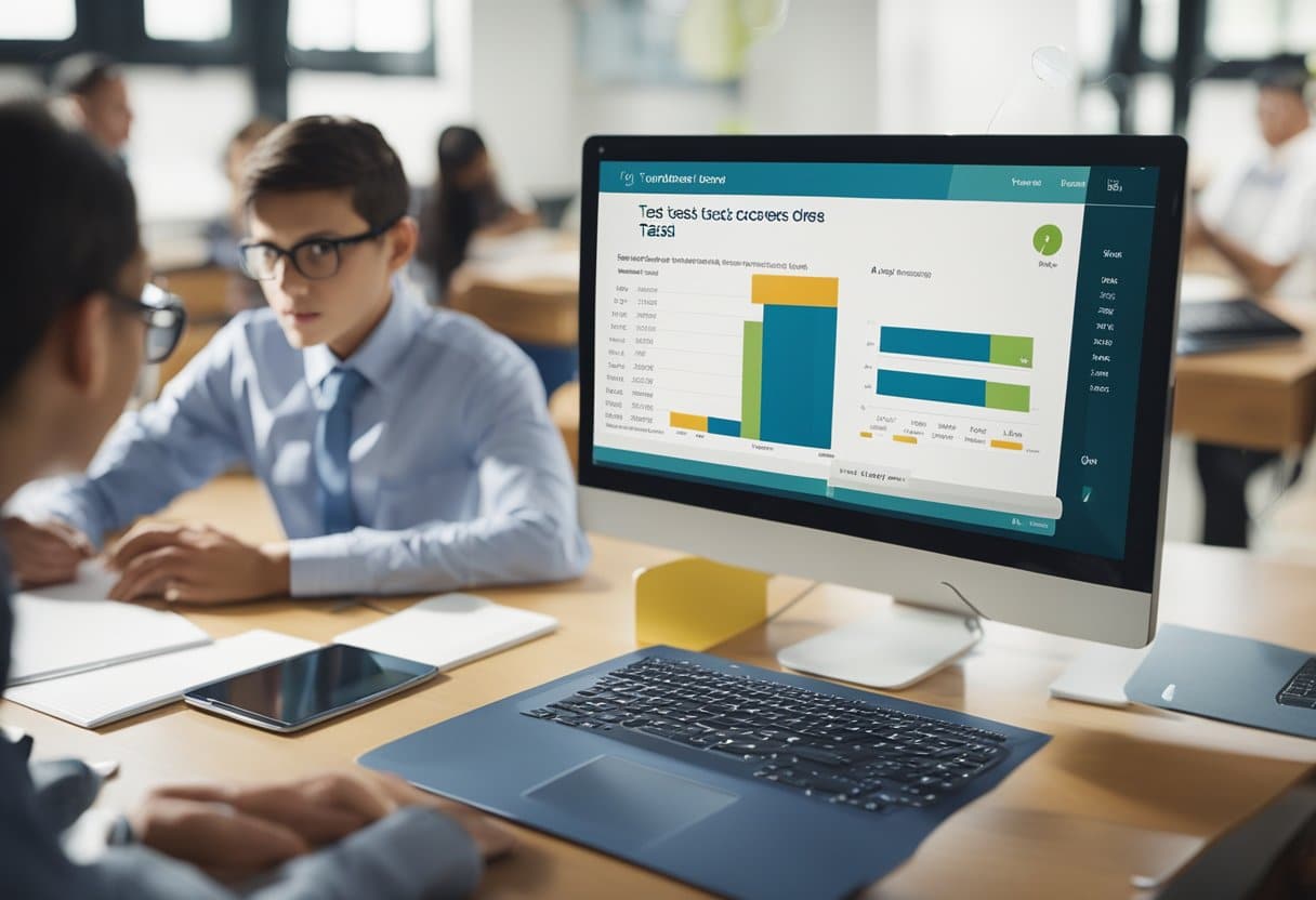 Students' test scores displayed on computer screens, while teachers review and discuss the possibility of conducting Year Six SATs online