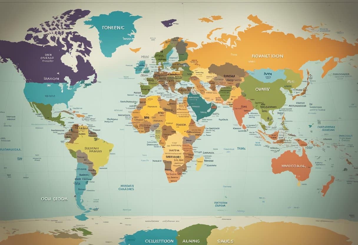 A colorful map of the world displayed on a classroom wall, with labeled continents, oceans, and landmarks. A globe sits on a nearby desk