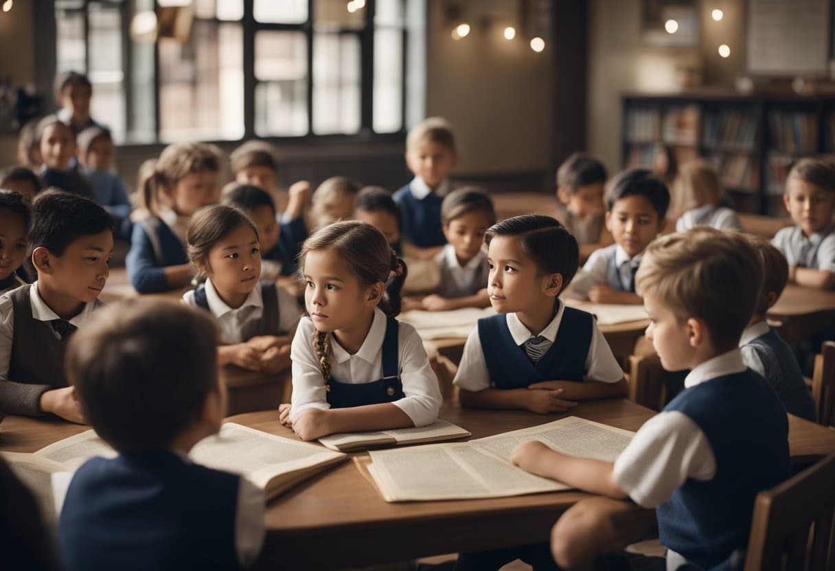 Children gathered around a teacher, listening to stories about historical events and figures. Maps and artifacts displayed in the background