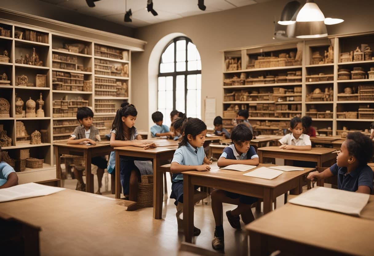 A classroom with diverse historical artifacts displayed on shelves, maps of different time periods on the walls, and children engaged in hands-on activities learning about ancient civilizations