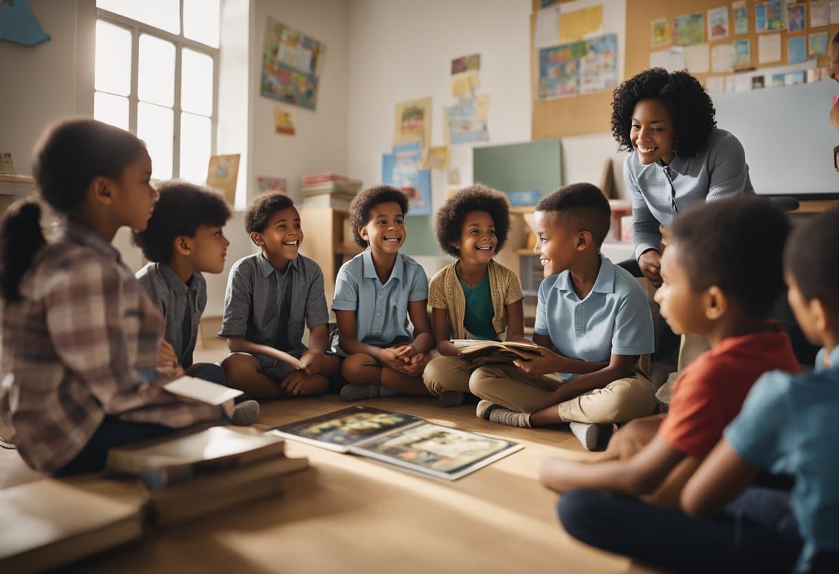 A group of young children sit in a circle as their teacher holds up a picture book about national history. The children listen attentively, eager to learn about the past