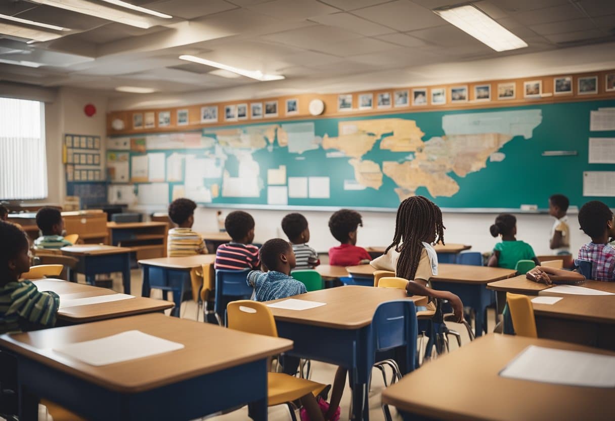 A classroom with children learning history through storytelling, books, and visual aids. Maps, artifacts, and timelines decorate the walls