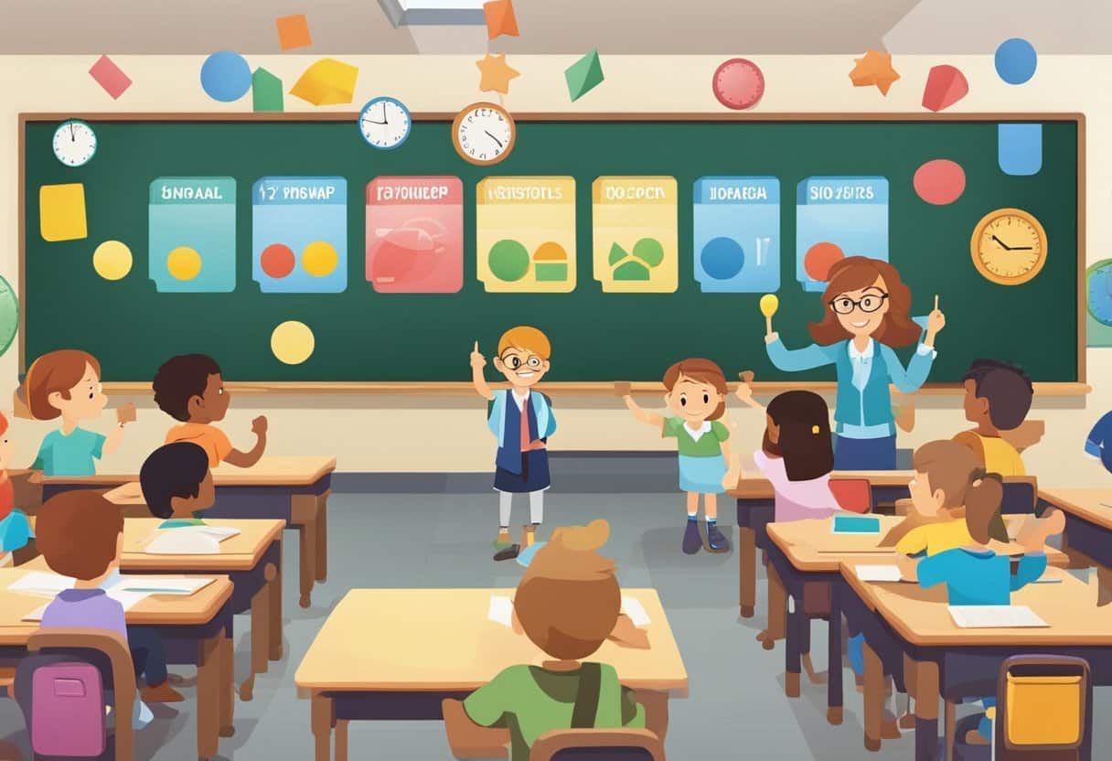 A colorful classroom with shapes, numbers, and counting activities displayed on the walls. A teacher pointing to a chart with addition and subtraction examples