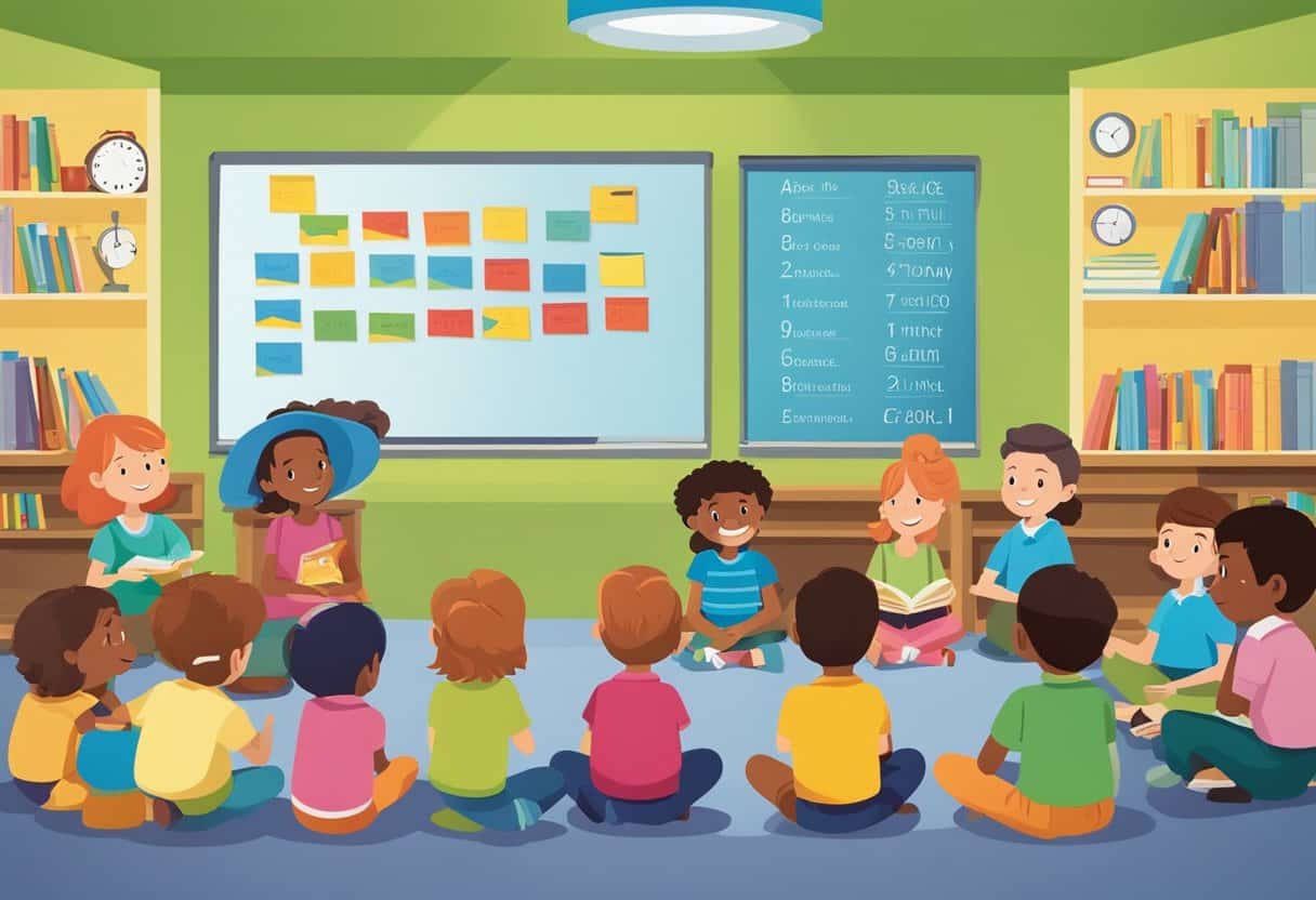 Children sit in a circle, listening to the teacher read a story. A colorful alphabet chart hangs on the wall, and a stack of picture books sits on a shelf