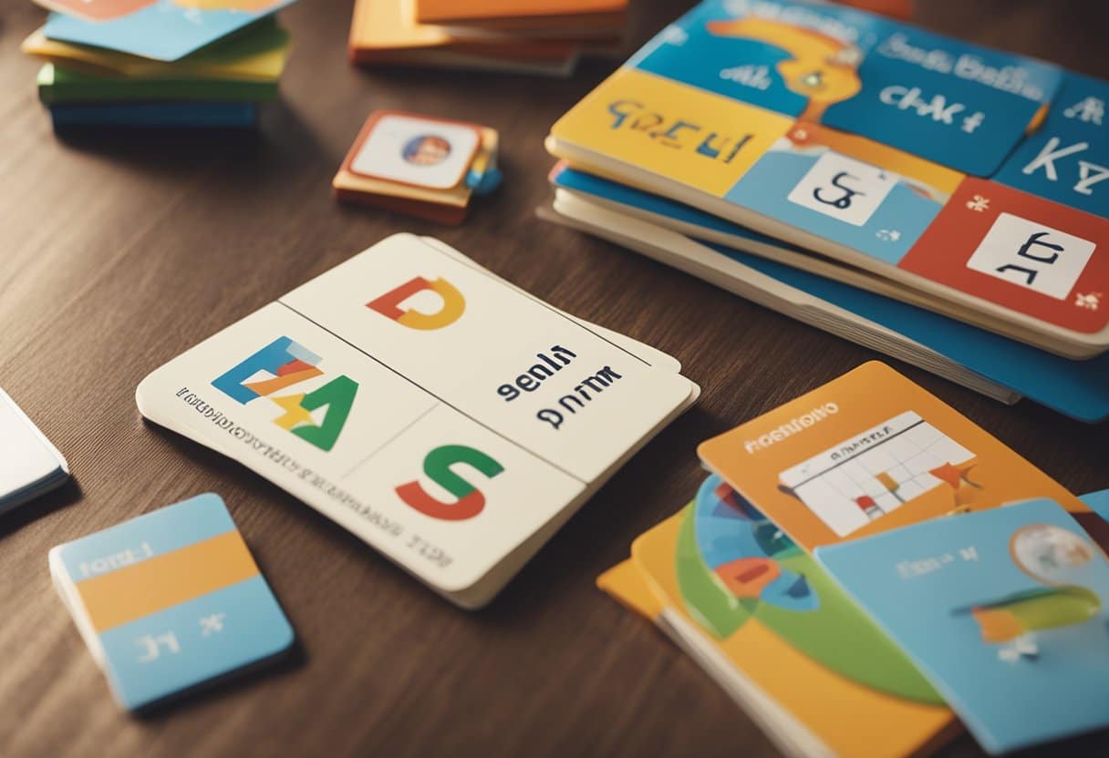 A child's desk with English alphabet posters, colorful flashcards, and storybooks. A parent and teacher sit nearby, engaging in English learning activities
