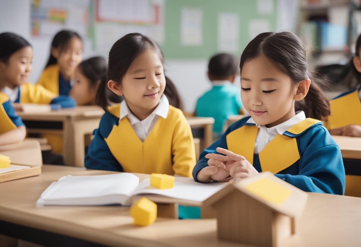In a Year 1 English class, children learn basic grammar, vocabulary, and phonics through interactive activities and games