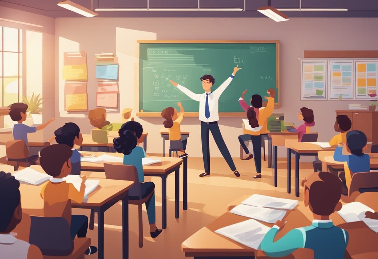 A classroom with colorful posters and books, a teacher pointing to a whiteboard with English words, students listening and raising their hands to answer