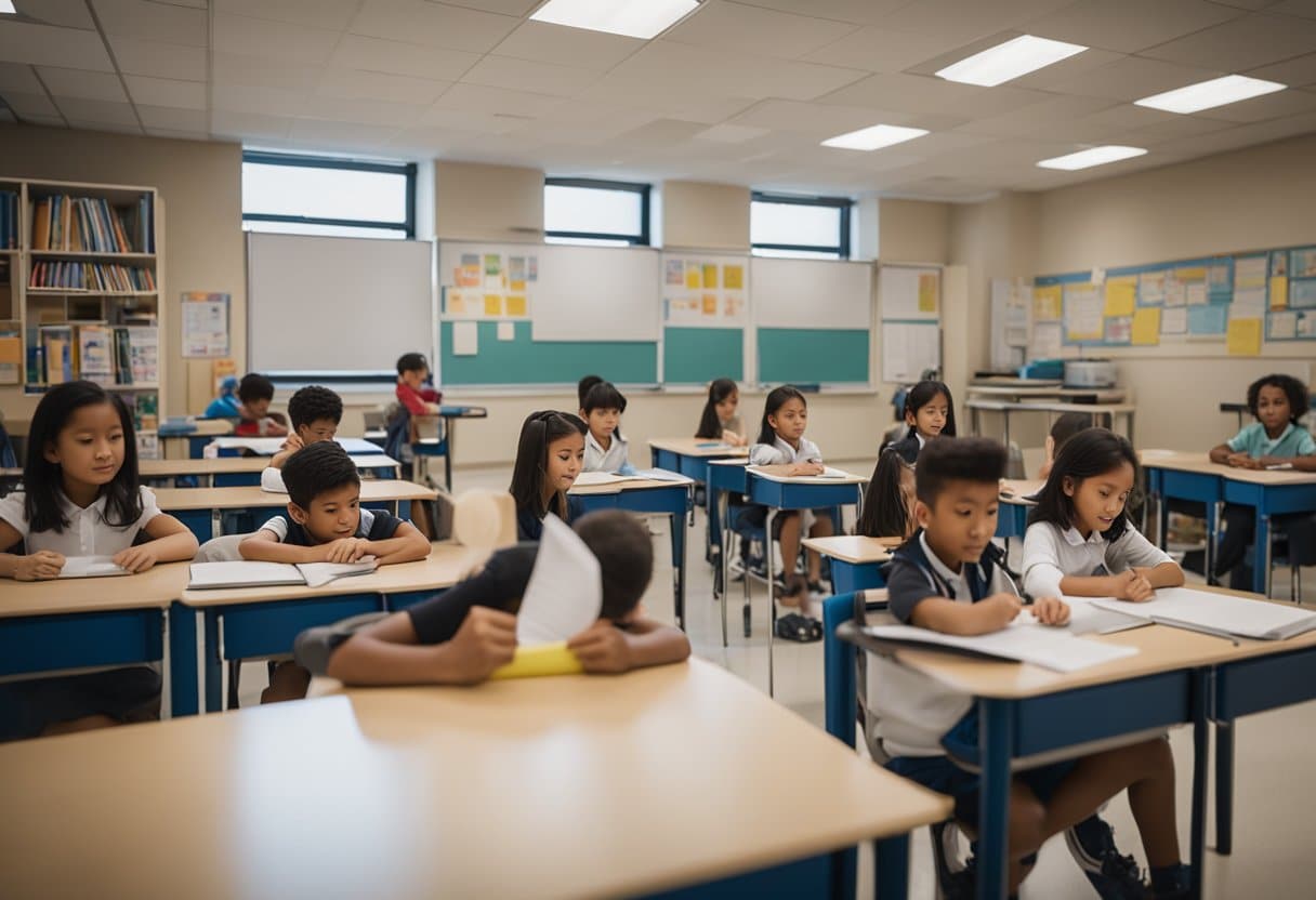 A classroom with young students engaged in English language activities, such as reading, writing, and transcription exercises. Educational materials and resources are visible in the background