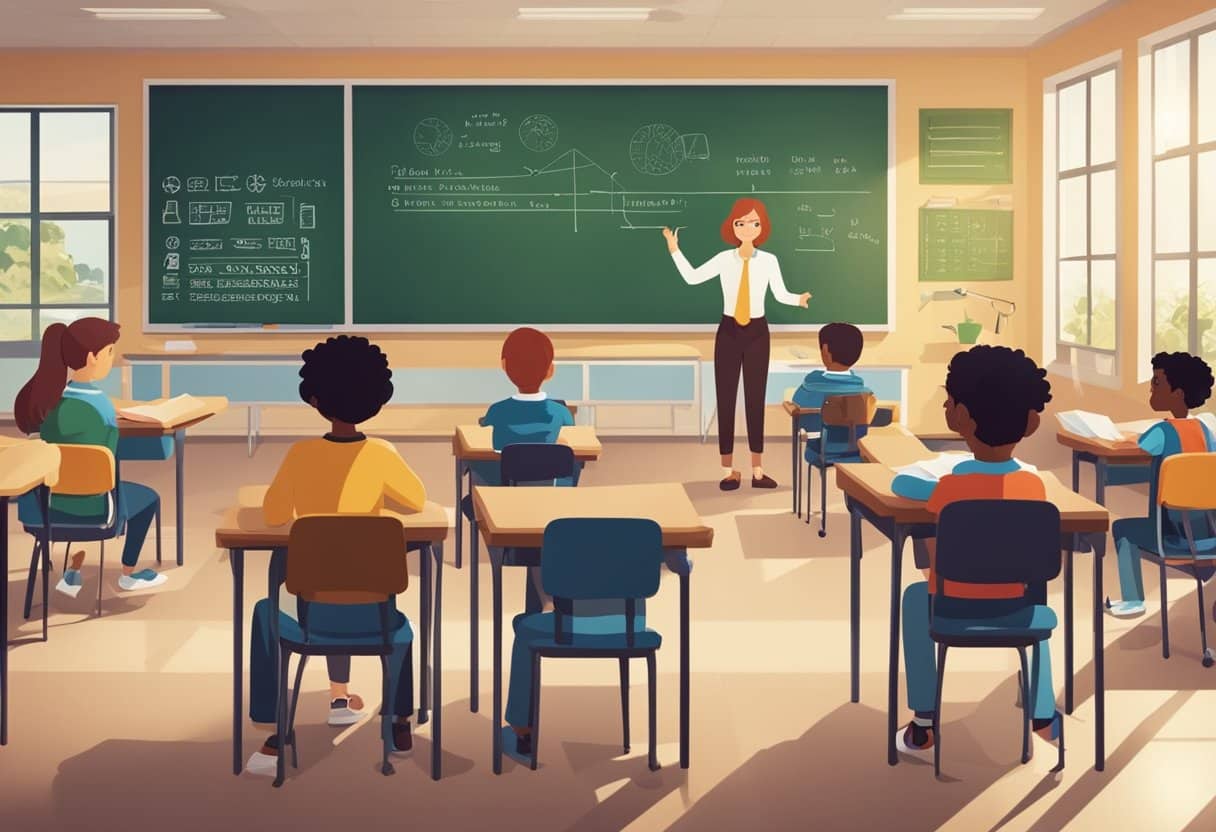 A classroom with young students sitting at desks, surrounded by colorful posters and educational materials. A teacher stands at the front, pointing to a chart of English language rules