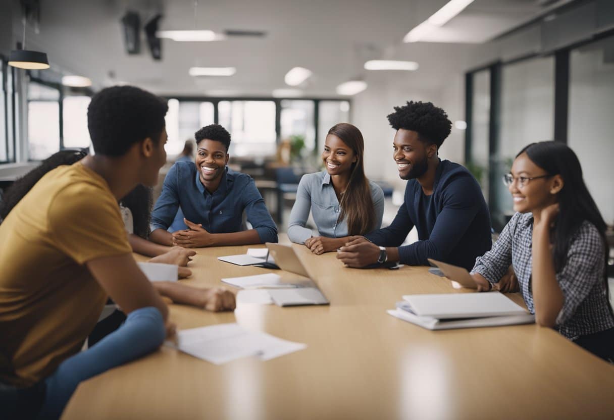 Students engaged in group discussions, listening to each other and taking turns speaking. A teacher facilitates and encourages active participation
