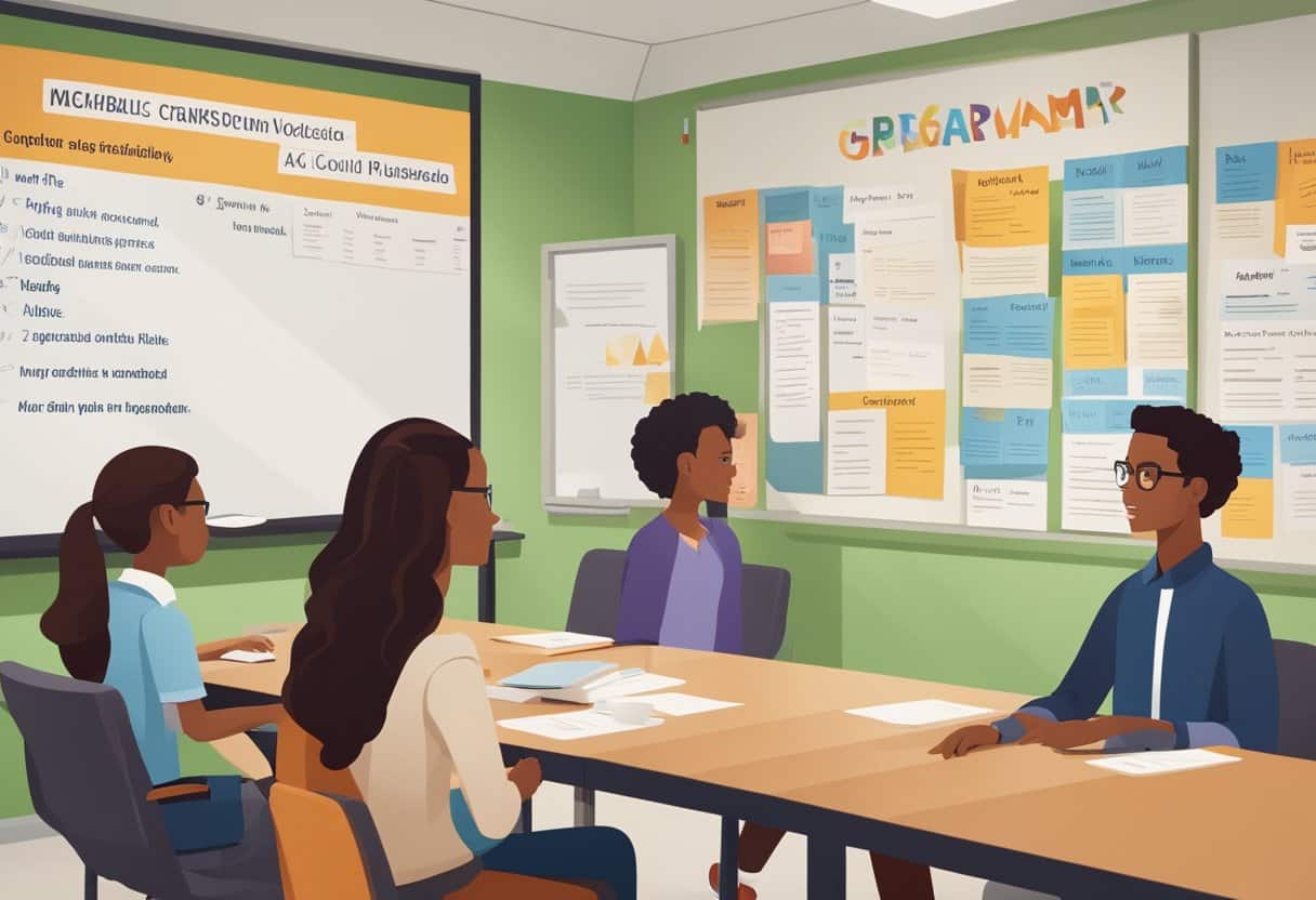A classroom with colorful posters, books, and a whiteboard showing grammar rules and vocabulary. Students engaged in group activities and a teacher leading a discussion