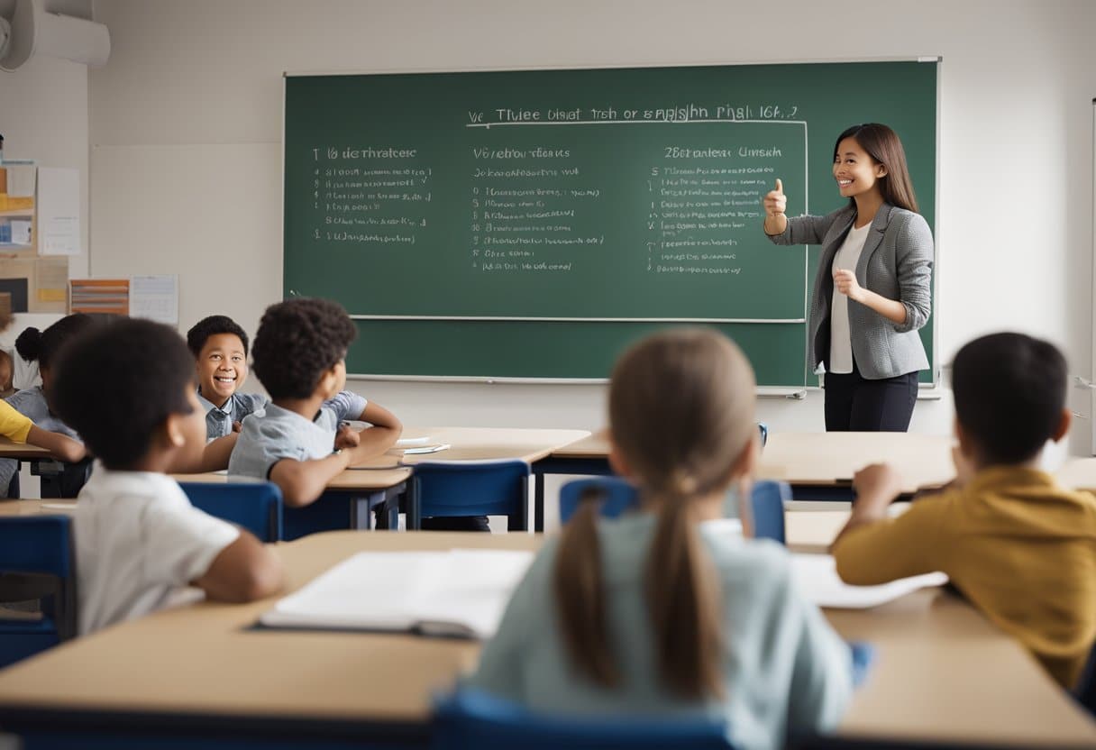 A classroom with young students sitting at desks, a whiteboard displaying "Year Three English" and a teacher pointing to the board