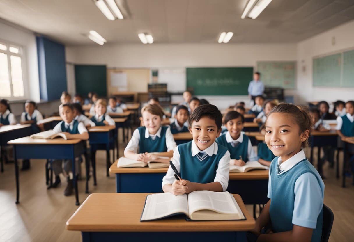 A classroom with children aged 9-10, sitting at desks, with English textbooks open, and a teacher at the front of the room, teaching English grammar and vocabulary