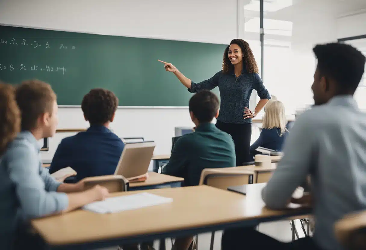 In a classroom, a teacher stands at the front, pointing to a whiteboard covered in English vocabulary and grammar rules. Students sit at their desks, eagerly taking notes and participating in discussions