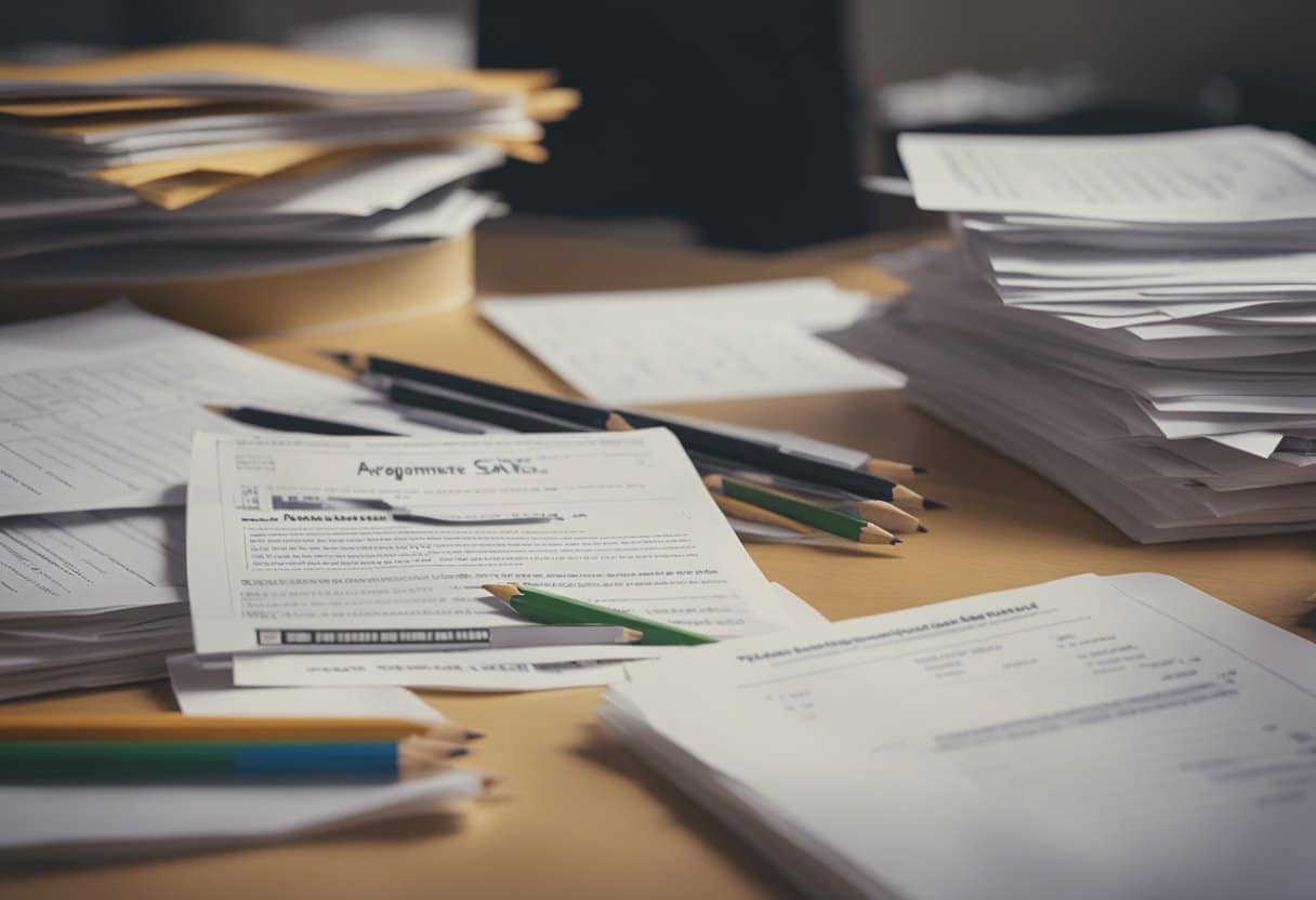 A pile of SAT test papers and pencils scattered on a desk, with a frustrated student staring at them. A sign on the wall reads "Arguments for Scrapping SATs."