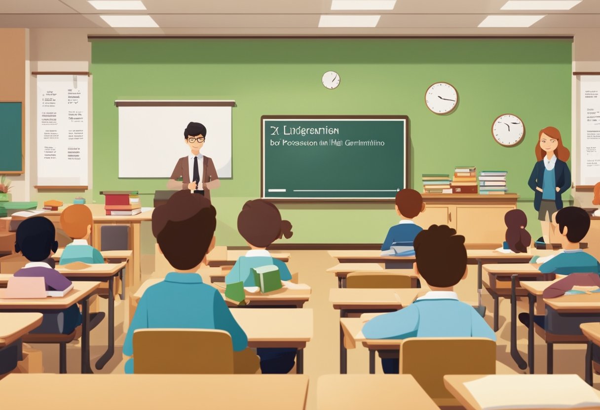 A classroom with English posters, books, and a whiteboard. Students are seated at desks, listening to the teacher's lesson on grammar and vocabulary
