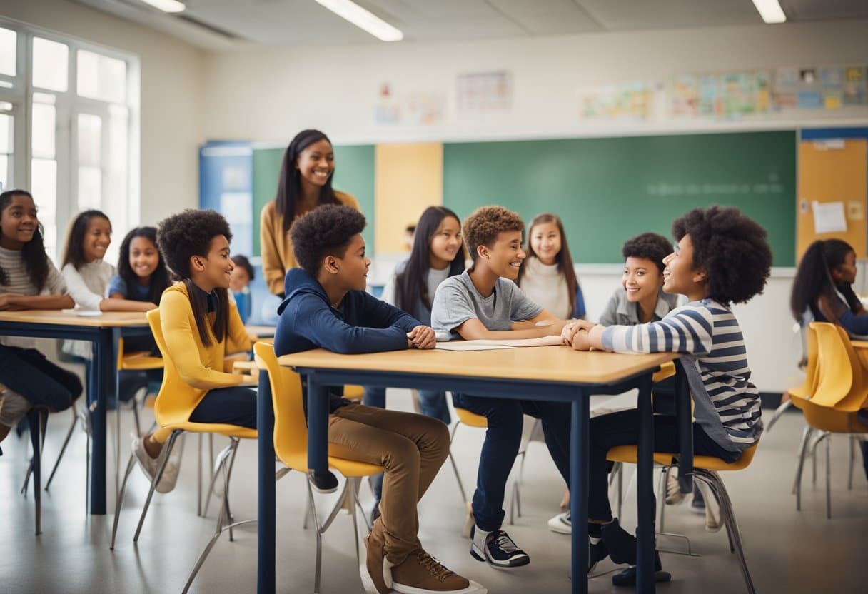 A classroom with diverse students engaged in discussions, using vocabulary and language structures appropriate for sixth grade English curriculum
