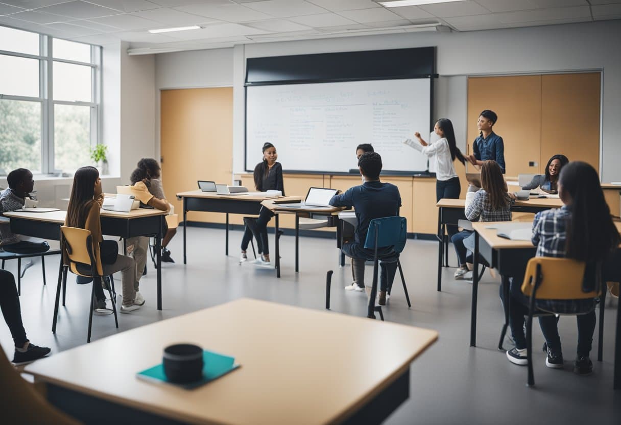 A classroom with a whiteboard displaying "Mastering Effective Usage of Writing Conventions" and students engaged in learning activities